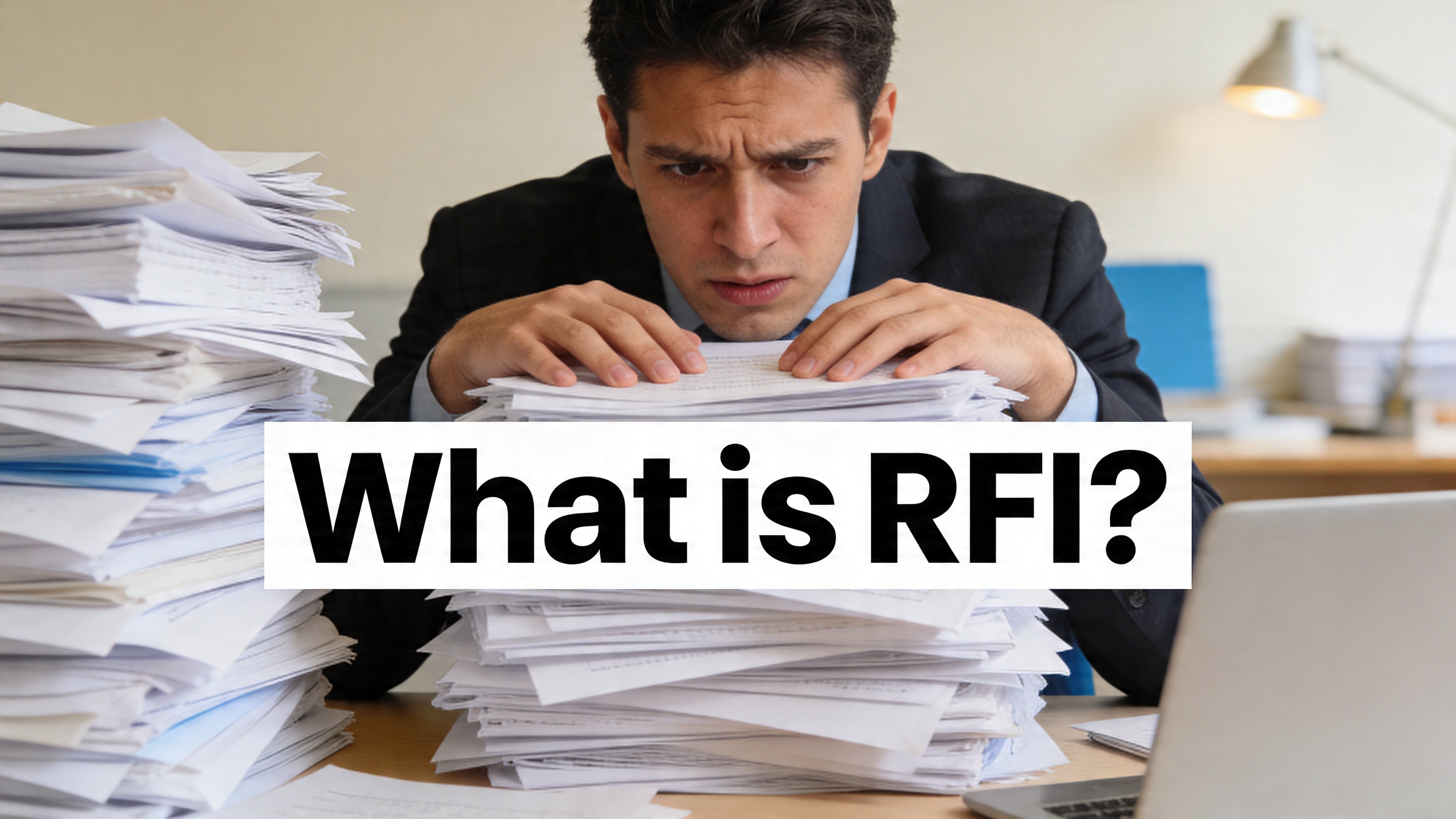 Professional reviewing tall stacks of documents with What is RFI headline