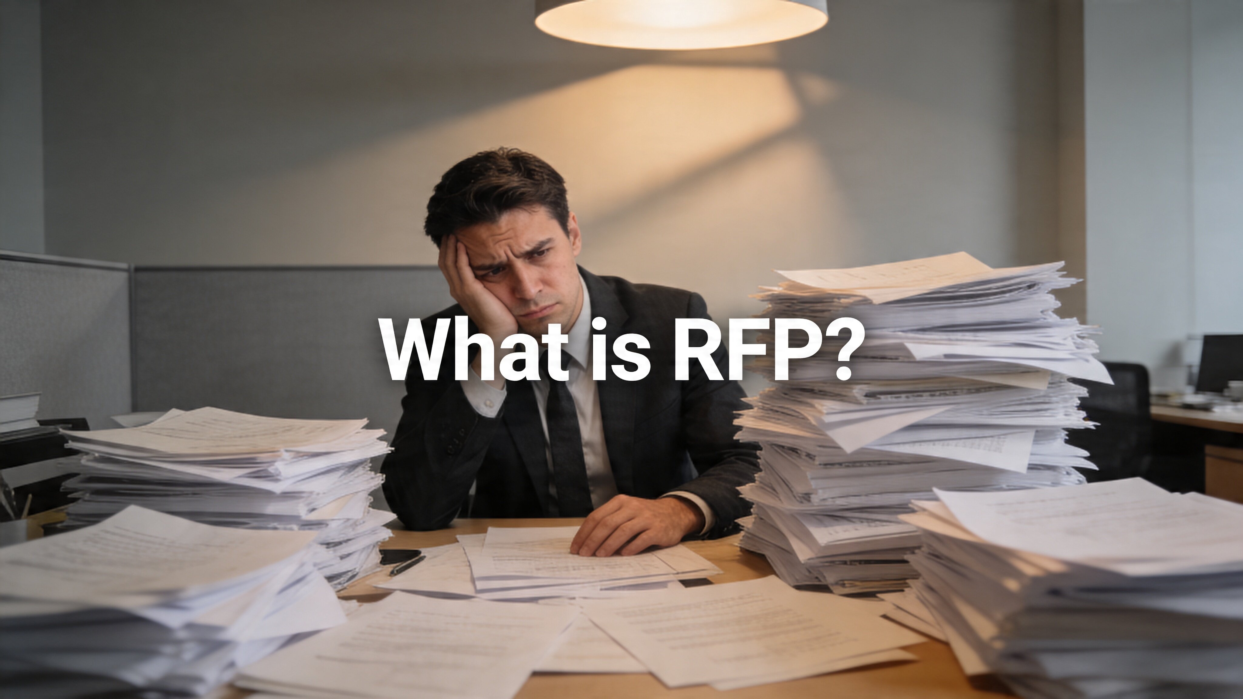 Office worker at a desk buried in paper stacks with What is RFP headline