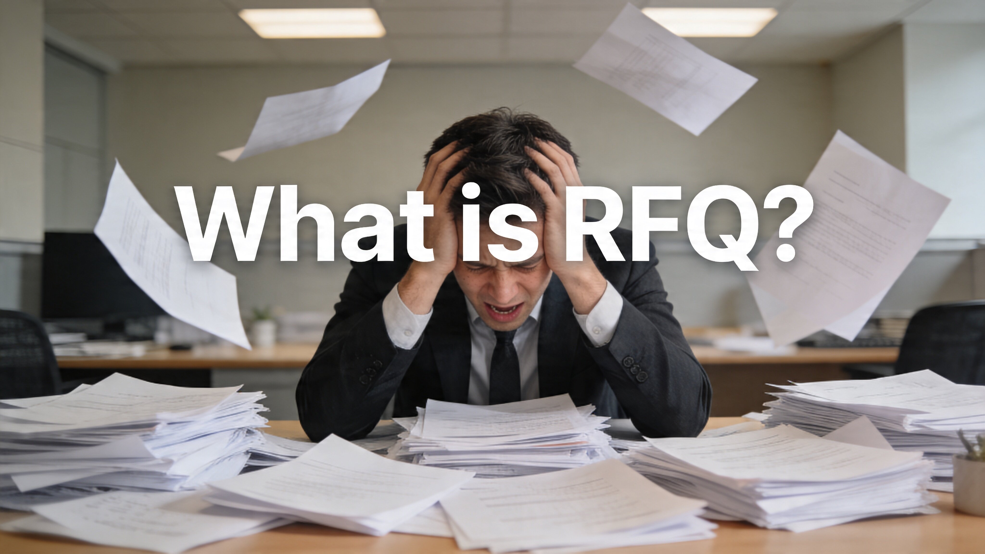 Stressed office worker surrounded by flying papers with What is RFQ headline